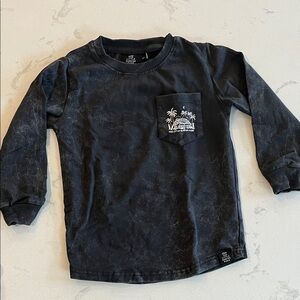Black Washed Long-Sleeve Pocket Tee with Palm Graphic